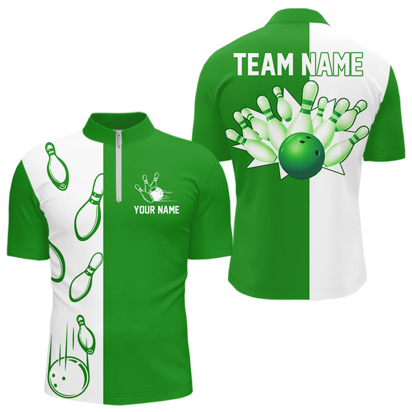Green and white retro vintage Bowling polo, quarter zip shirts for men custom Bowling team jerseys NQS9533
