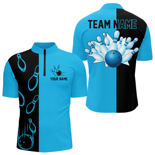 Cyan Blue and Black retro vintage Bowling polo, quarter zip shirts for men custom Bowling team jerseys NQS9534