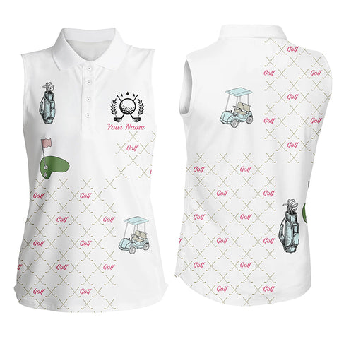 White Womens sleeveless polo shirt custom golf clubs pattern ladies golf shirts gift for mother's day NQS5240