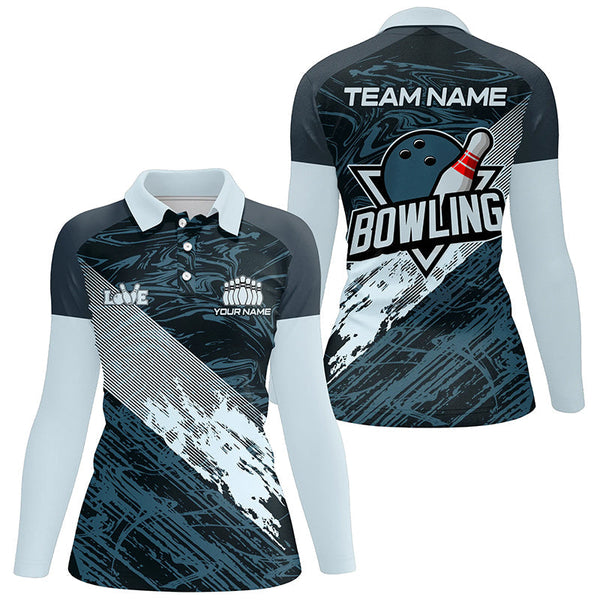 Blue camo bowling ball and pins custom Womens Bowling Polo Shirts, gift for team bowlers NQS7481