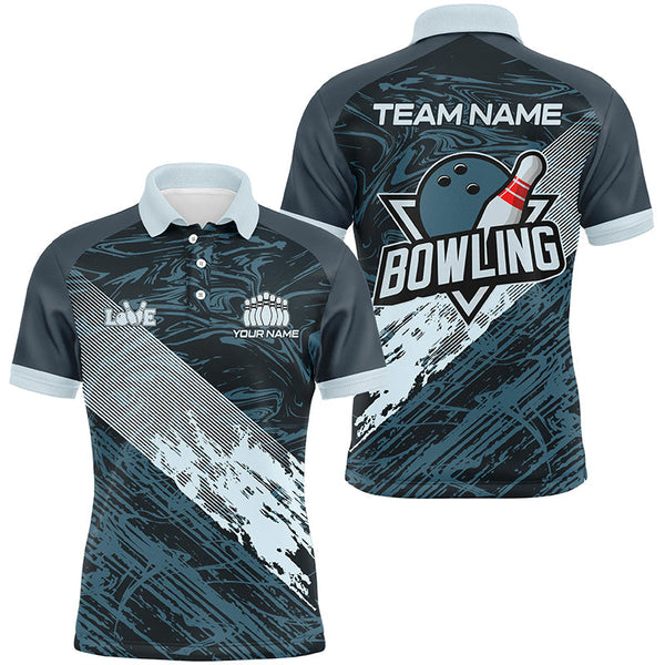 Blue camo bowling ball and pins custom Men Bowling Polo Shirts, gift for team bowlers NQS7481