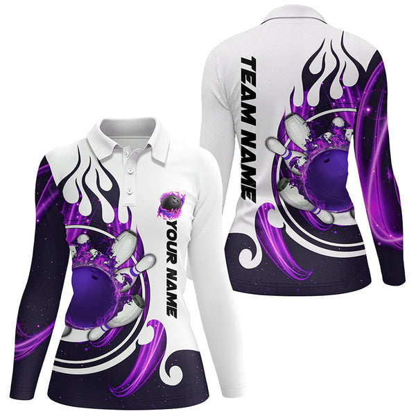 White Womens bowling shirts Custom purple flame bowling ball and pins Jerseys polo, quarter zip shirts NQS7634