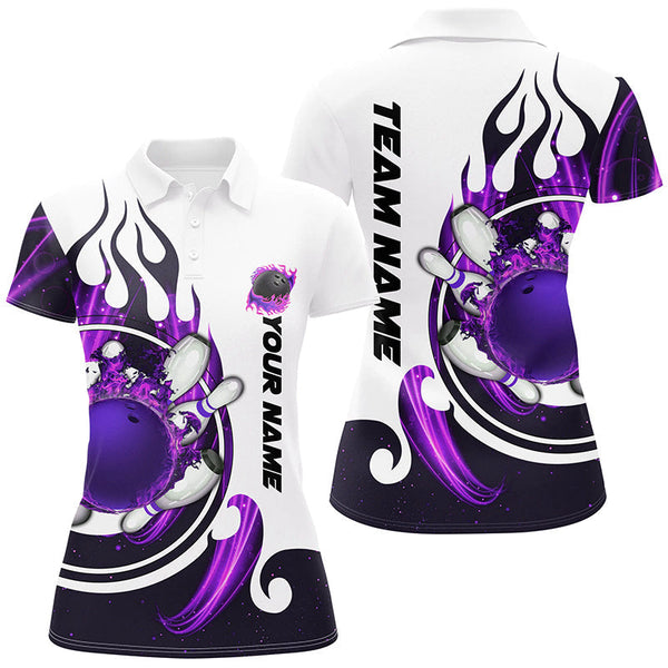 White Womens bowling shirts Custom purple flame bowling ball and pins Jerseys polo, quarter zip shirts NQS7634
