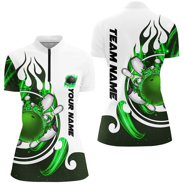 White Womens bowling shirts Custom green flame bowling ball and pins Jerseys polo, quarter zip shirts NQS7635