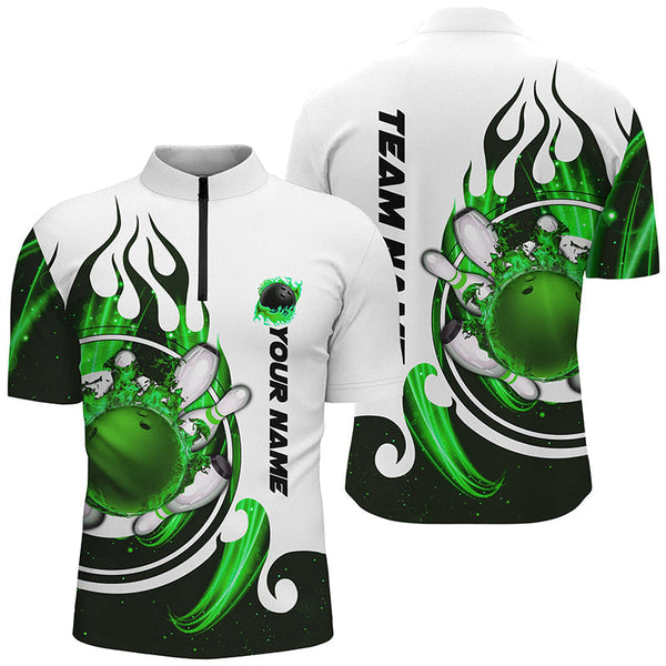 White Mens bowling shirts Custom green flame bowling ball and pins Jerseys polo, quarter zip shirts NQS7635