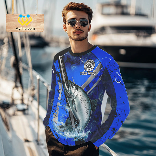 Blue Camo Salmon fishing custom Chinook Salmon sun protection long sleeve fishing shirts for Team NQS10132