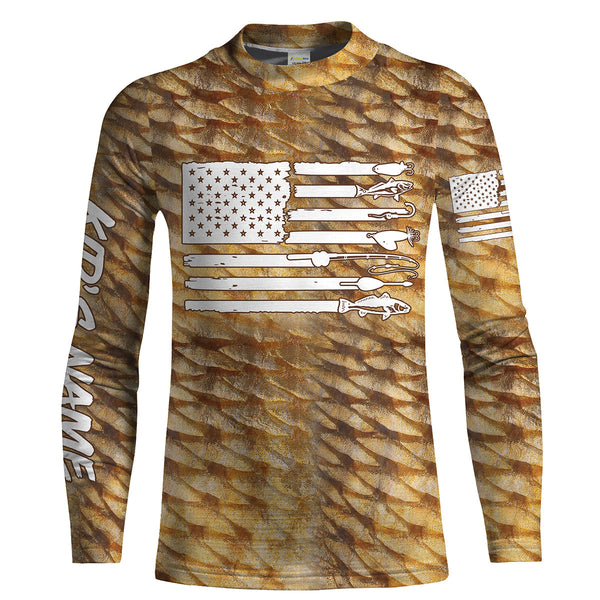 Redfish puppy drum Fishing American flag patriotic Customize Name long sleeves fishing shirts UPF 30+ NQS2220