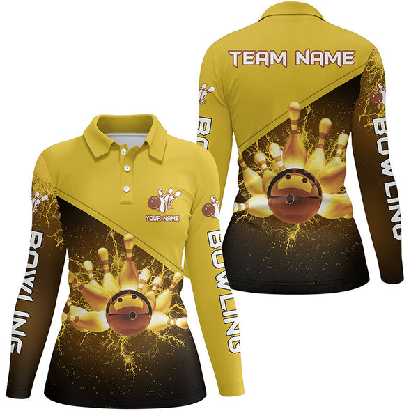 Women bowling polo shirts Custom gold lightning thunder Bowling Team Jersey, gift for team Bowlers NQS6383