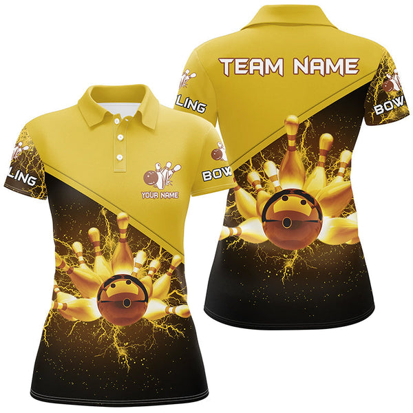 Women bowling polo shirts Custom gold lightning thunder Bowling Team Jersey, gift for team Bowlers NQS6383