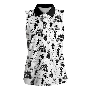 Black and White Golf icons pattern Women Sleeveless Polo Shirt custom female golf attire golf gifts NQS9187