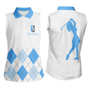 Women sleeveless polo shirt custom blue and white argyle plaid golf top for ladies NQS5256