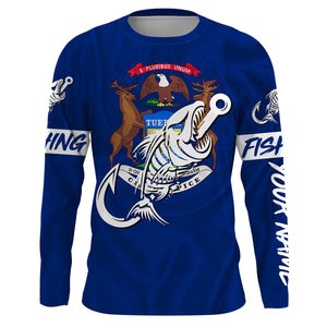 MI Fishing Custom Michigan Flag Fish hook skull Custom sun protection fishing shirts for men, women NQS3321