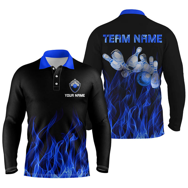 Personalized Men polo Bowling Shirt Blue Flame Bowling Ball and Pins bowling jerseys for men Bowler NQS5488