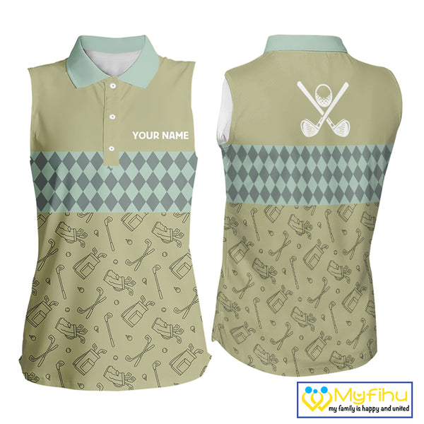 Olive Green Golf Camo argyle pattern Women sleeveless golf polo shirts custom best ladies golf wear NQS9973