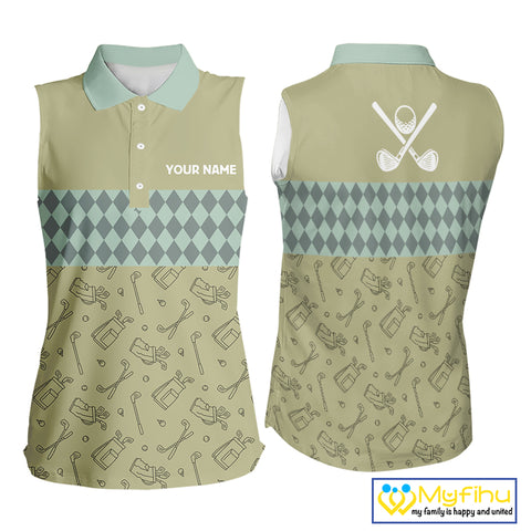 Olive Green Golf Camo argyle pattern Women sleeveless golf polo shirts custom best ladies golf wear NQS9973