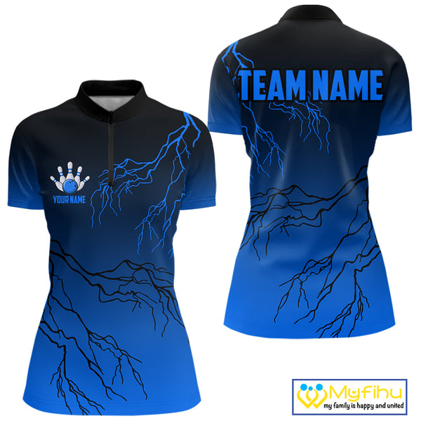 Black and Blue gradient Lightning thunder storm Bowling shirts for Women Custom Bowling Team Jerseys NQS10135