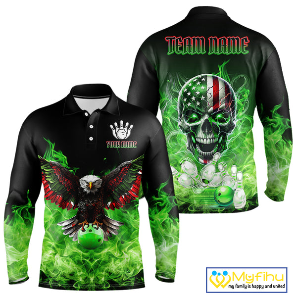 Green Flame Smoke American Flag Eagle Skull Mens Bowling Shirts Custom Patriotic Bowling Team Jersey NQS10278