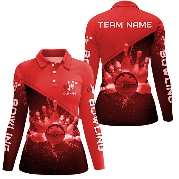 Women bowling polo shirts Custom red lightning thunder Bowling Team Jersey, gift for team Bowlers NQS6622
