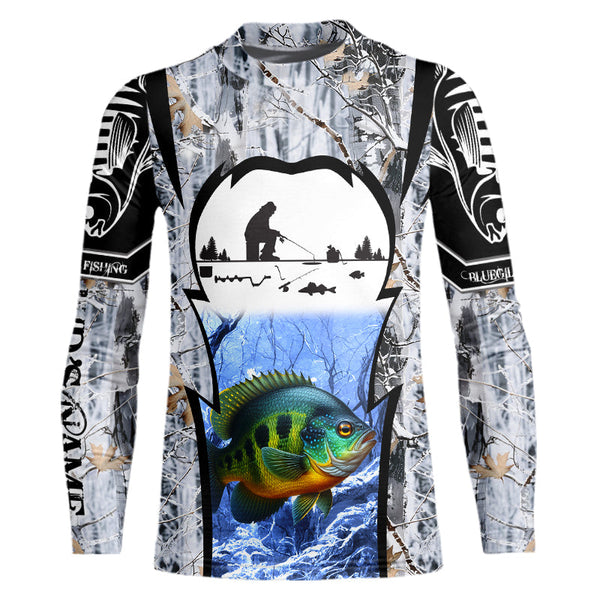 Bluegill ice fishing Winter camo custom unisex Long sleeve fishing shirt, Ice fishing Bluegill jersey NQS9193