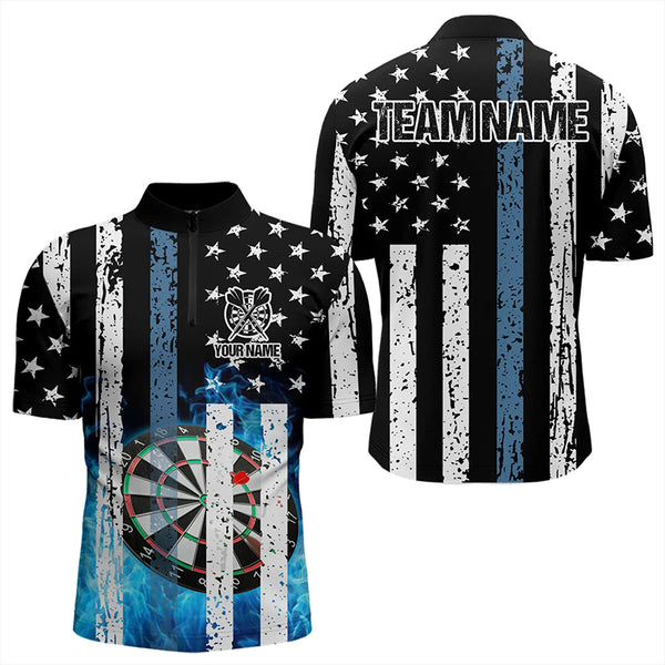 Blue Flame Dart Board Black and White American Flag Custom Team Dart Polo, Quarter Zip Shirt For Men NQS9201
