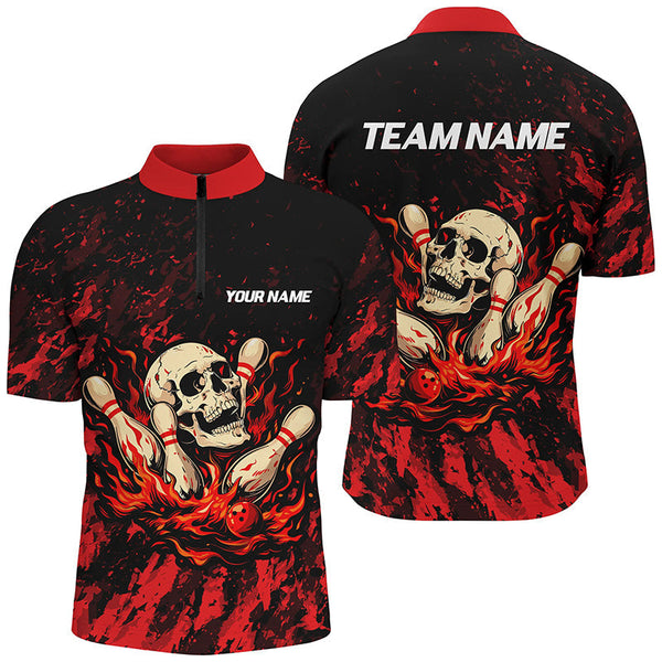 Red Camo Skull Flame Bowling Polo, 1/4 Quarter Zip Shirts For Men, Custom Name Bowling Team Jerseys NQS7851