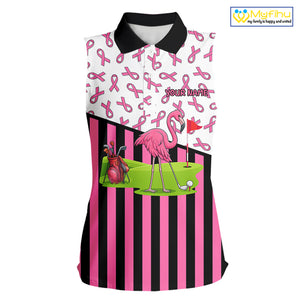 Pink ribbon pattern flamingo Women sleeveless polo shirt Custom breast cancer awareness golf outfit NQS10149