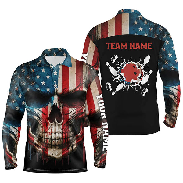Personalized Skull Bowling Shirt for men Custom Team's Name American Flag Bowler Jersey Polo Shirt NQS6408
