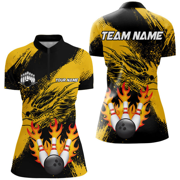 Black And Gold Custom Flame Dragon Bowling Shirts For Women, Dragon Retro Bowling Team Shirts NQS8505