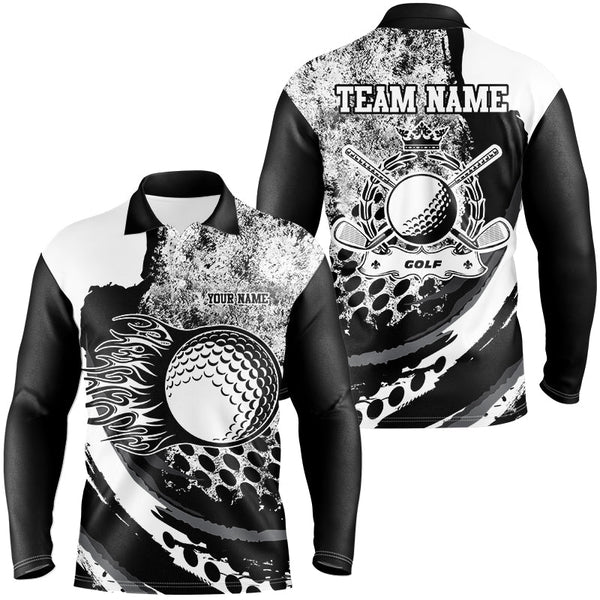 Black and White grunge Flame golf ball custom name Mens golf polo shirts, golf outfit for men NQS8506