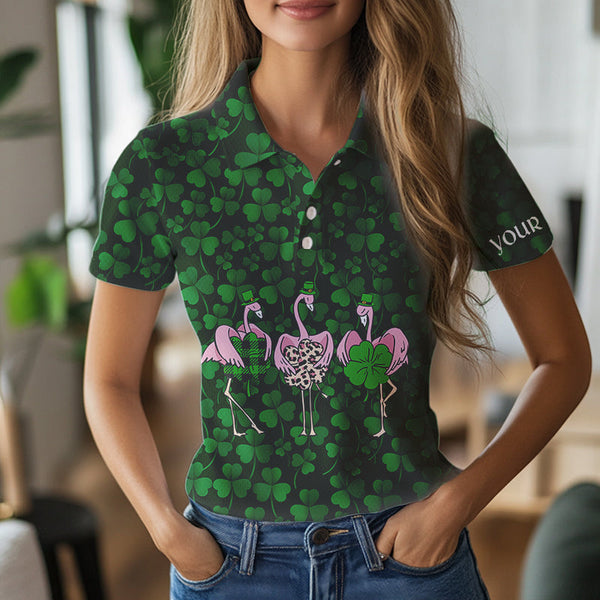 Funny Womens golf polo shirt green clover St Patrick day background custom Flamingo golf friends NQS4742