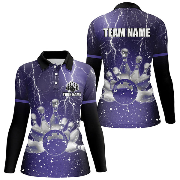 Purple lightning thunder Women Polo, 1/4 Zip Shirts Custom bowling team jerseys, gift for bowlers NQS7865