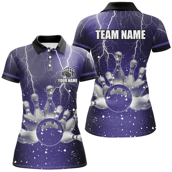 Purple lightning thunder Women Polo, 1/4 Zip Shirts Custom bowling team jerseys, gift for bowlers NQS7865