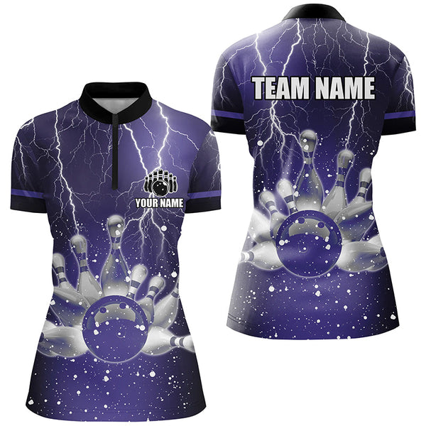 Purple lightning thunder Women Polo, 1/4 Zip Shirts Custom bowling team jerseys, gift for bowlers NQS7865