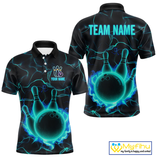 Cyan Blue Flame Bowling Polo, Quarter Zip shirts For Men custom bowling team jerseys Bowler Outfits NQS10153