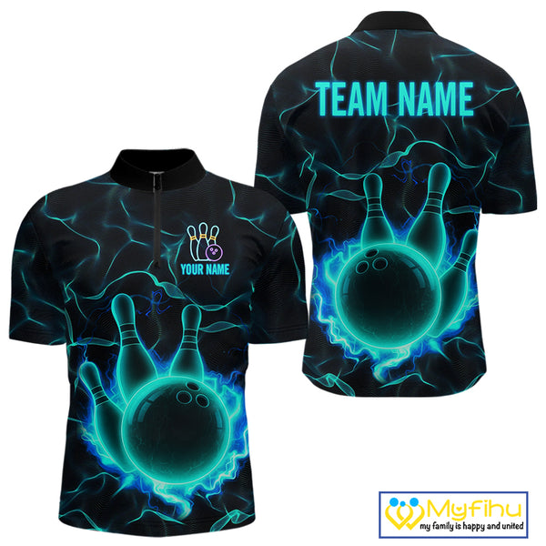 Cyan Blue Flame Bowling Polo, Quarter Zip shirts For Men custom bowling team jerseys Bowler Outfits NQS10153