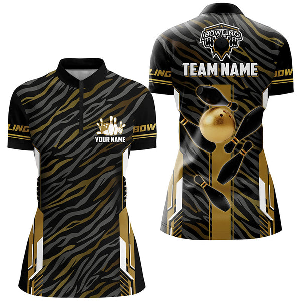 Black And Gold zebra pattern Bowling Shirts For Women, Personalized Bowling Team Jerseys Bowler Outfit NQS8300
