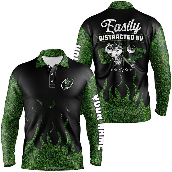 Black Green grass Mens golf polos shirts custom Easily distracted by golf, funny golf shirts for men NQS6884