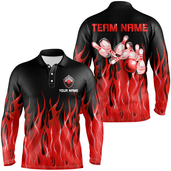 Personalized Men polo Bowling Shirt Red Flame Bowling Ball Pins bowling jerseys for men Bowler NQS7052