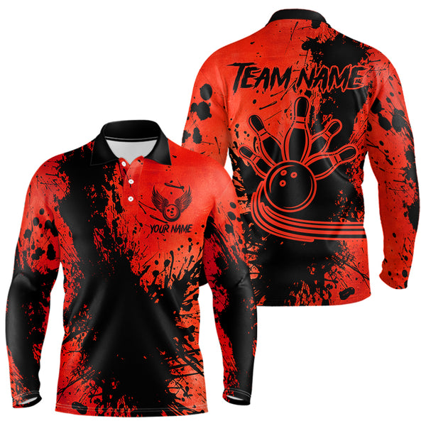 Black and Red Mens Bowling Polo, Quarter Zip Shirts Custom Bowling Team League Jerseys NQS9569