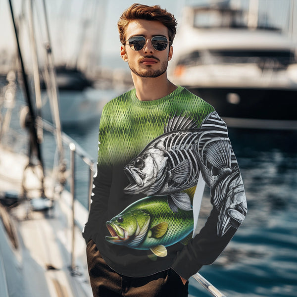 Bass Reaper Skeleton Green scales Custom Long Sleeve Fishing Shirts, Personalized Fishing Gifts NQS9572