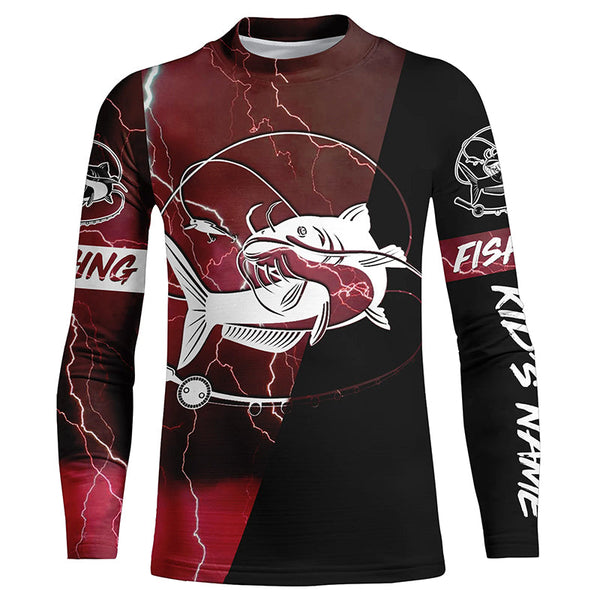 Catfish Fishing tattoo red camo lightning black Custom name performance long sleeve fishing shirts NQS5292