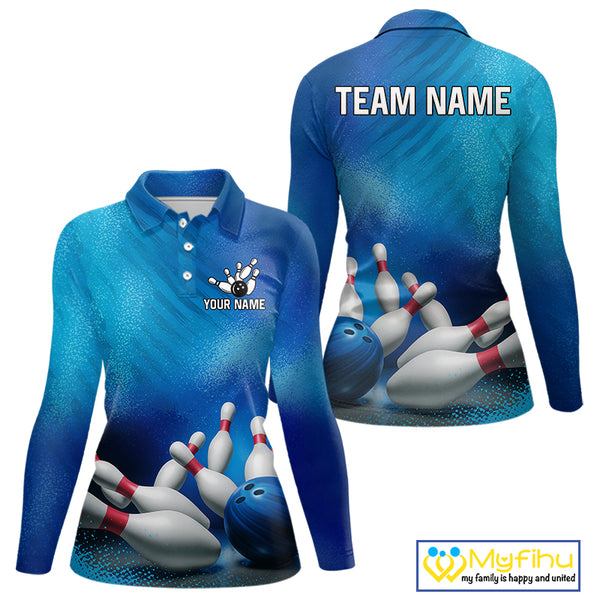 Custom Blue Bowling Team Women Polo, Quarter-Zip Shirts, custom bowling jersey with name NQS10282