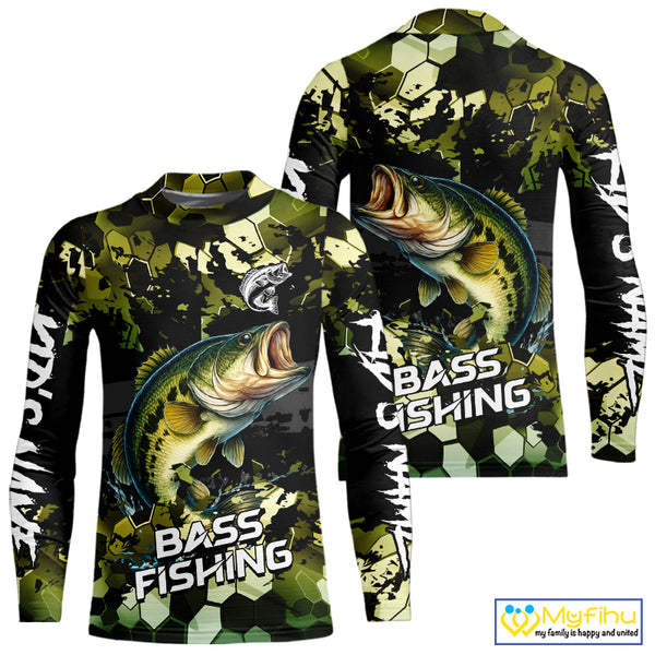 Green Camo Largemouth Bass fishing sun shirts custom name fishing shirts long sleeve uv protection NQS10284