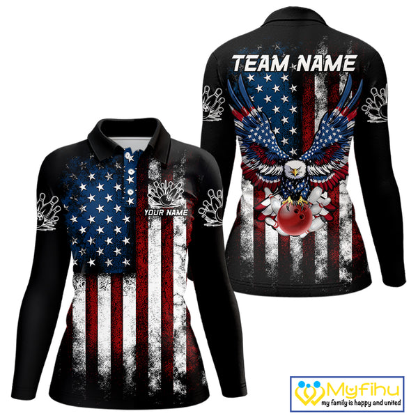 Vintage American Flag Eagle Black Bowling Shirts for Women Custom Patriotic Team Bowling Jerseys NQS10501