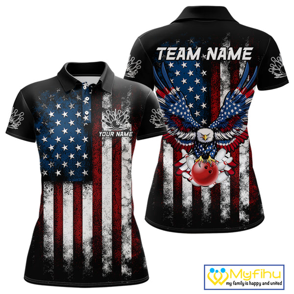 Vintage American Flag Eagle Black Bowling Shirts for Women Custom Patriotic Team Bowling Jerseys NQS10501