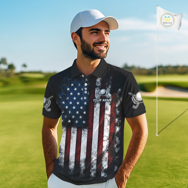 Vintage American Flag Eagle Black Golf Polo Shirts For Men Custom mens patriotic golf shirts NQS10502