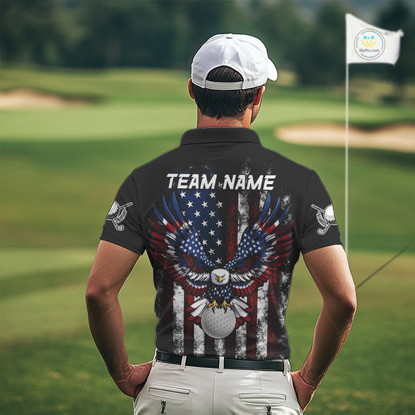 Vintage American Flag Eagle Black Golf Polo Shirts For Men Custom mens patriotic golf shirts NQS10502