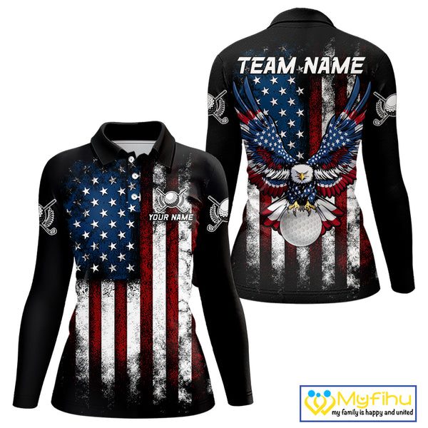 Vintage American Flag Eagle Black Golf Polo Shirts For Women Custom ladies patriotic golf shirts NQS10502