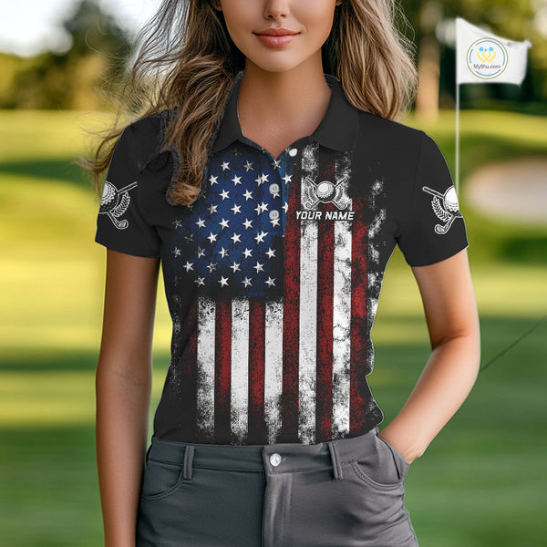 Vintage American Flag Eagle Black Golf Polo Shirts For Women Custom ladies patriotic golf shirts NQS10502