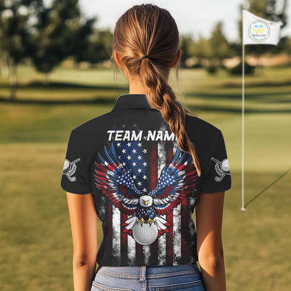 Vintage American Flag Eagle Black Golf Polo Shirts For Women Custom ladies patriotic golf shirts NQS10502